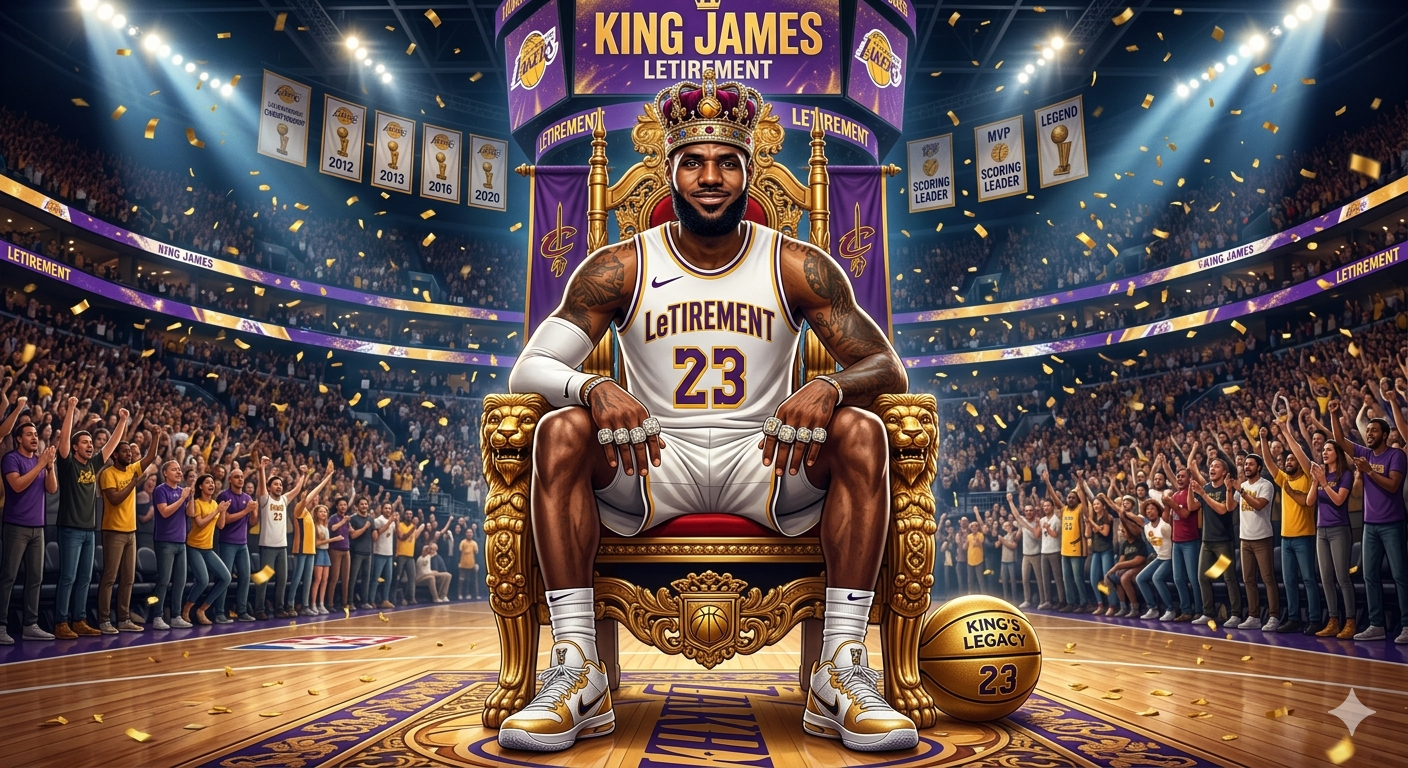 LeBron James on golden throne celebrating LeTirement